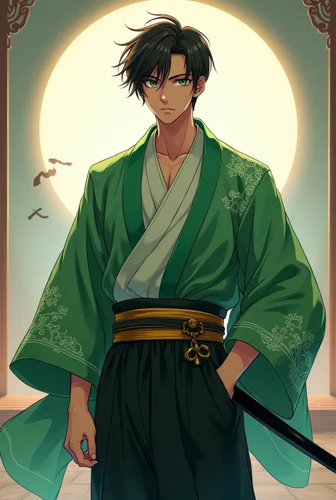 Anime guy in a green kimono with black pants and a gold belt 