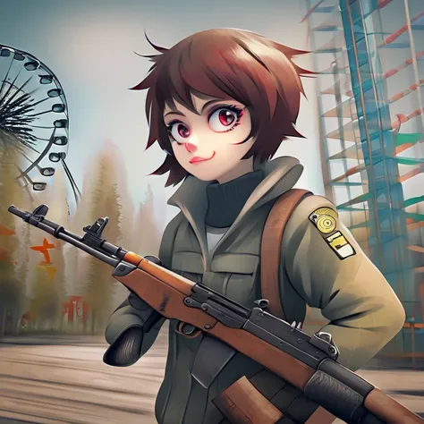 anime group of ukrainian monster tomboy,firing ak rifle ,masterpiece),on Pripyat amusement park ,best quality,expressive eyes,perfect face ,4k, modern style detailed illustration