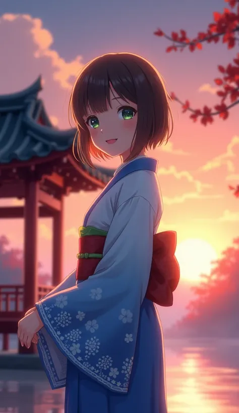 A young girl with short brown hair, wearing an elegant blue and white kimono, stands in front of the traditional Chinese pavilion at sunset. She has green eyes and is smiling gently as she looks towards you. Anime-style wallpaper.