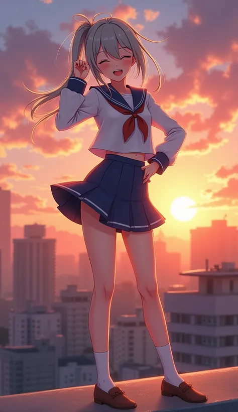 masterpiece,  best quality,  high definition ,  Very detailed,((( pretty girl with gray hair who has decided to pose))), ((( Japanese anime))), ((( sailor suit ))), ((( white high socks ))), ((( brown loafers))), ((( With the sunset in the background ))), ...