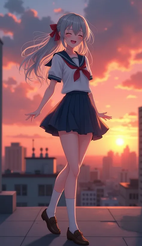 masterpiece,  best quality,  high definition ,  Very detailed,((( pretty girl with gray hair who has decided to pose))), ((( Japanese anime))), ((( sailor suit ))), ((( white high socks ))), ((( brown loafers))), ((( With the sunset in the background ))), ...