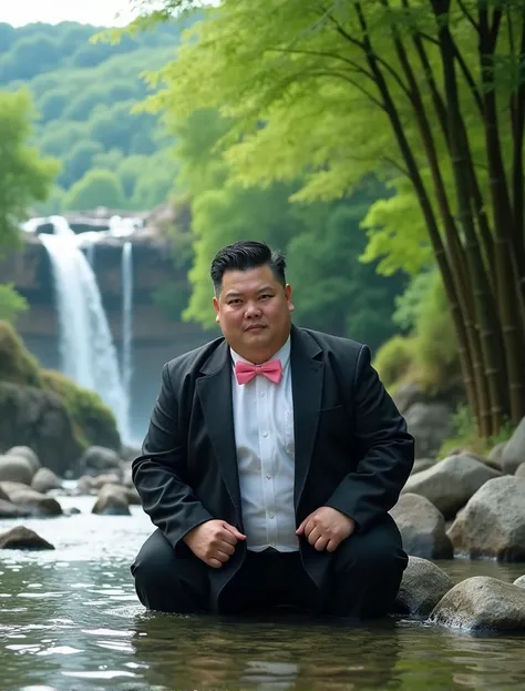  Photography of a handsome 30-year-old Asian man with a round face and fat body, bloated stomach, very short black hair,  wears white shirt, black coat, pink bow tie. man crouching in clear river water , there are rocks ,  on a lush green bamboo tree ,  a ...