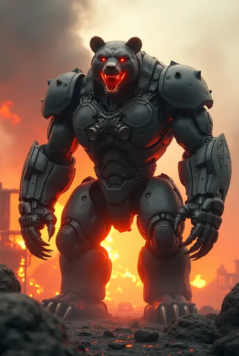 Angry bear bodied red flaming color robot clawed with sharp claws holding large passive speaker