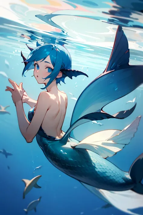 man/ dolphin mermaid / blue tail/ Animation Style /  blue hair/ Blue eyes