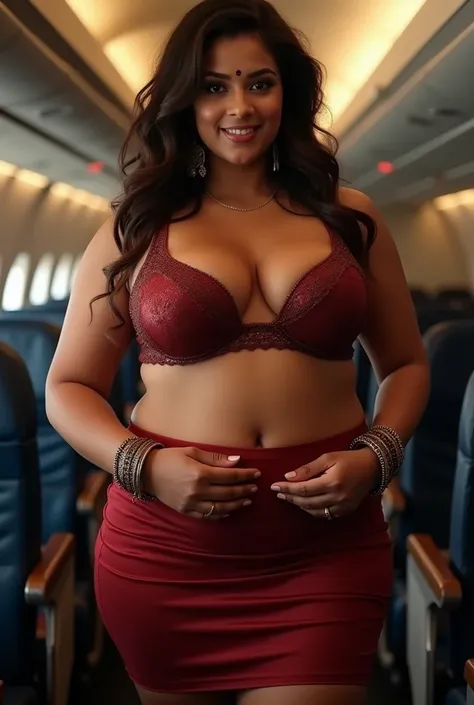 photo of Voluptuous Mature plus size Indian cute airhostess with dusky skin, wearing mini skirt and strapless bra , showing her large Cleavage, show her navel, Red Vermilion on her hairline , Shakha Pola bangles in her hand, Hair messed up, nice curves, st...