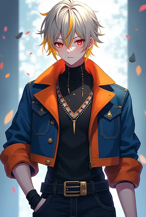 A quiet anime guy with sharp red eyes represents a mix of yellow and white hair , He has fair skin and wears all the fantasy clothes, which are cold orange, very light, and gold in the skin of beautiful and luxurious people, such as a luxurious short jacke...