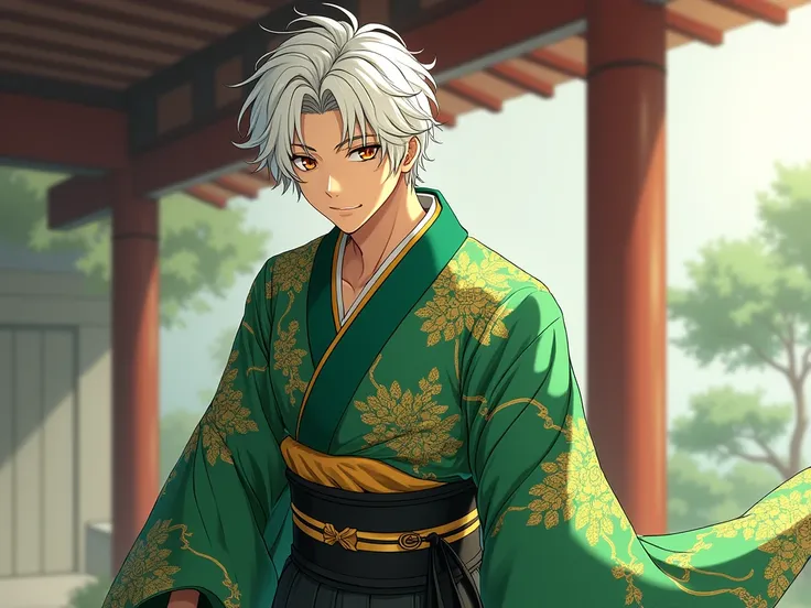 Anime guy in a green kimono with a gold pattern with black pants and a gold belt hair white eyes brown