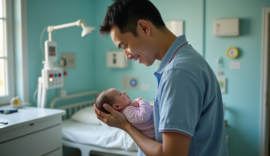 Photo of a 30-year-old Thai man holding a baby in his arms in a hospital setting.