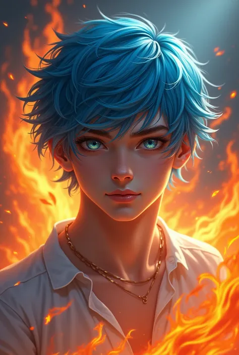 Blue hair beautiful teen man fire