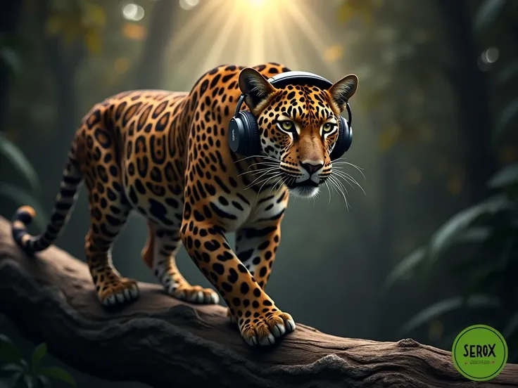 Jaguar wearing headphones, spotlighting its figure in a dark jungle setting.  Powerful jaguar, with a focused expression, strides across a large, weathered tree branch, seemingly listening to music.  Headphones are prominent, dark gray or black against a b...