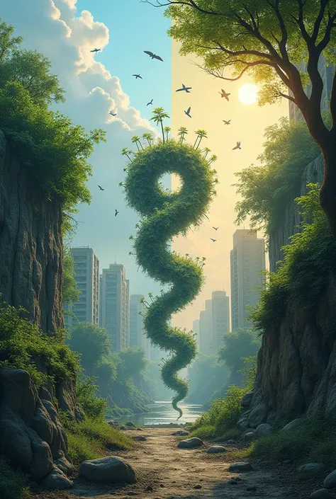 Main Image: A cover divided into two halves: On top, a vibrant natural landscape with birds and lush vegetation; On the bottom, a grey city with buildings and smoke. In the middle, a spiral that connects both worlds, with small green shoots emerging from t...