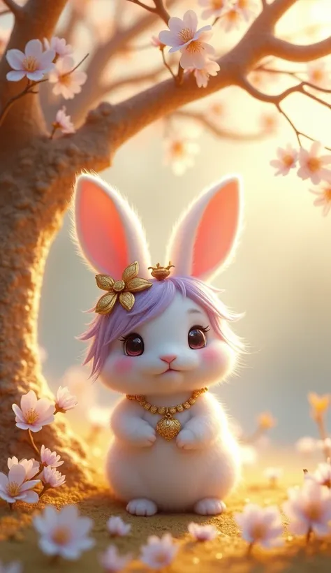  imaginary　Gold Tree 　White Cherry Blossoms　 wearing a gold ornament　light purple hair　 cute　Rabbit