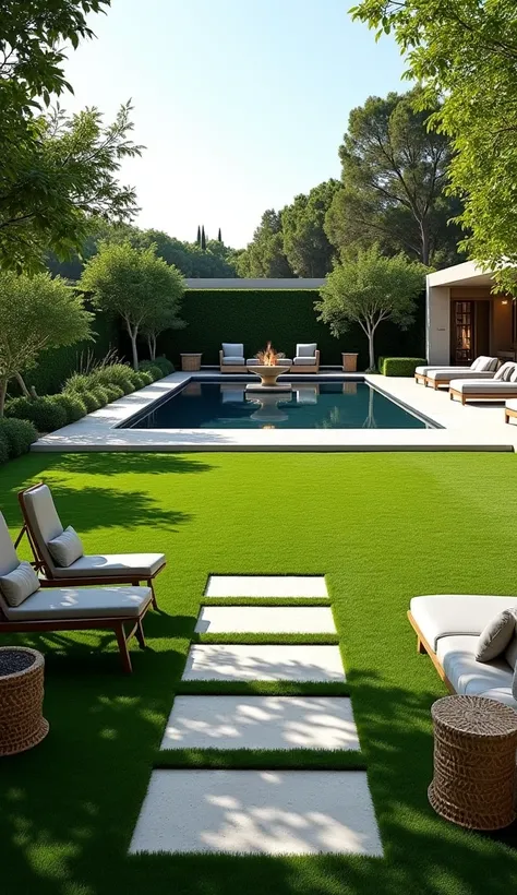 A landscaped garden with a pristine lawn, stone pathways, and an infinity-edge pool. Modern loungers and a lounge area with sofas and a central firepit create the ideal spot for relaxation