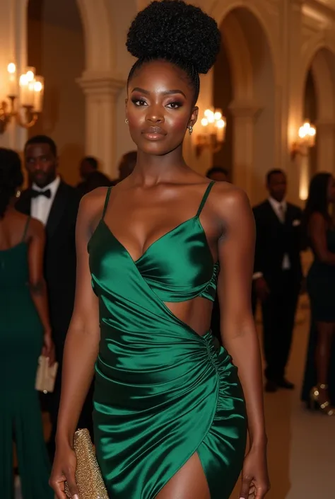 A curvaceous Black woman in a ruched emerald green satin mini dress with an asymmetrical hemline and a daring side cutout, styled with gold lace-up heels and a matching gold clutch. Her box braids are styled into an elegant half-up bun as she makes a bold ...