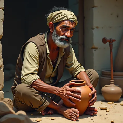 "A poor farmer named Raghu, sitting on the ground with a clay pot in his hands, looking thoughtful. His expression shows deep contemplation and hope as he gazes at the pot."