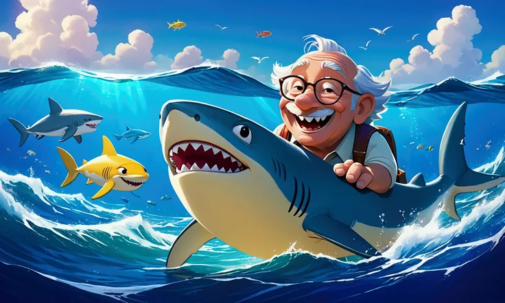 Grandpa shark in the ocean in happy mood, use bright colors, picture in destiny pixar art 