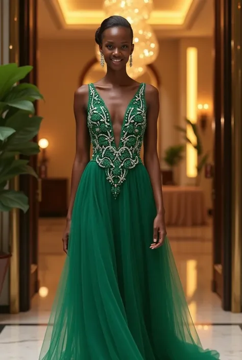 A young African American lady wearing high cowl neck straight emerald dress with embellished emerald pearls and diamonds on the tulle fabric.She is walking into a luxurious luxurious hotel with soft lighting smiling and gorgeous 