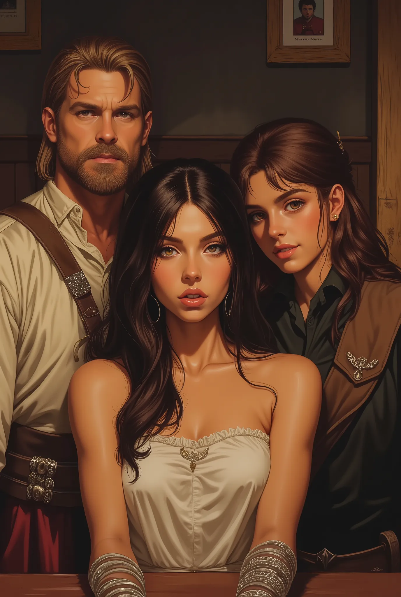 ne0nfant4sy, cowboy shot, masterpiece, a painting of a stunningly beautiful girl, the setting is a tavern in a medieval fantasy ...