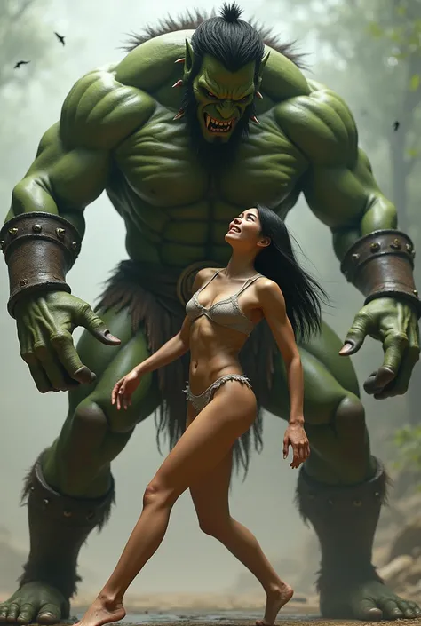 realistic-photo, realistic, 4k, 8k, the best canon camera, (1 male orc: 3 meters tall, muscular build, completely naked). (human teenage girl: 170cm tall, soft muscles typical of teenage girls, medium build, completely naked, beautiful oriental face). a br...