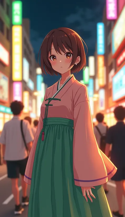 Design a beautiful anime-style fortune girl with short brown hair, wearing a pastel-colored Korean traditional hanbok with green accents. She stands confidently on a lively Tokyo street at night, surrounded by the bright city lights and colorful billboards...