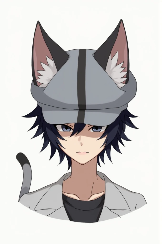 male ,black hair, wear gray hats that pop over the covered cat ears and the cones on the sides of the cat ears have two moon stripes around the covered cat ears and in the middle of the hat too