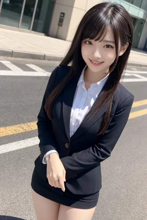 Japanese women who look like idols , long hair ,  straight hair, Round face , bust up , Japanese、 an 18 year old girl、 very slim、((smile))、 business suit、Business district、 tight miniskirt, watch viewers,Close up,