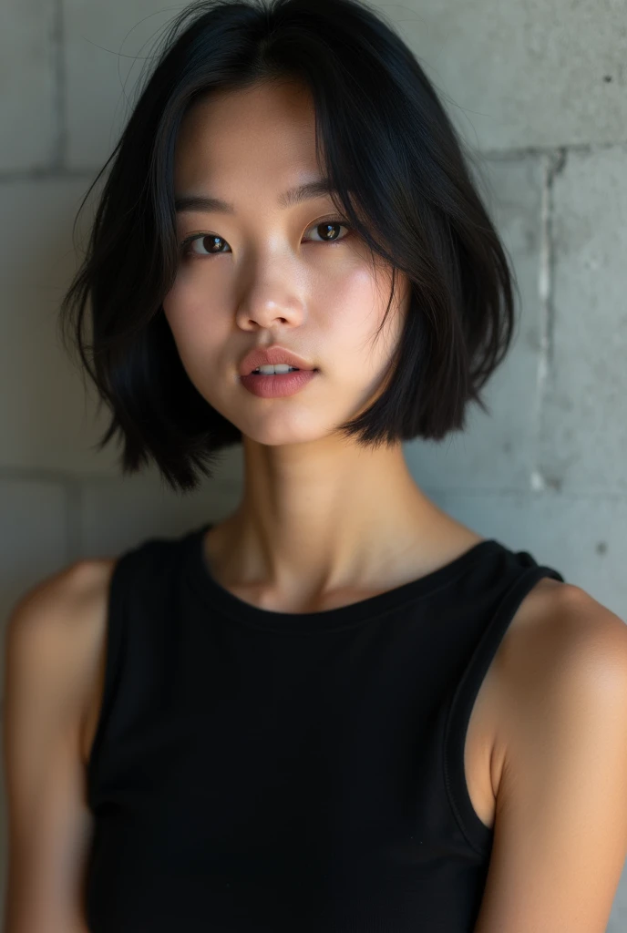 
「  realistic portrait photo of a young woman  。  she has straight black and short hair and  、  The hair is soft and shiny  。  She wears a sleeveless t-shirt , black fitted top。 His expression is calm 、 A slightly thoughtful look 。  the background is faint...