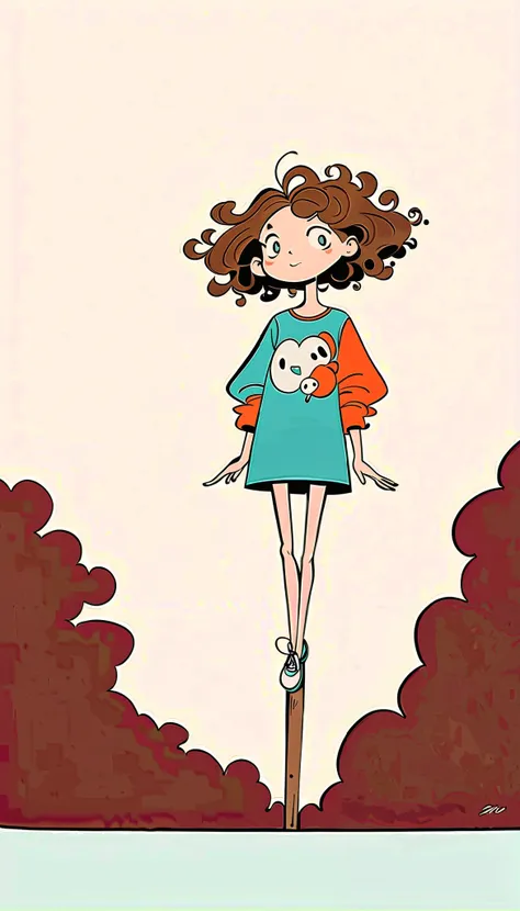 Ewa Poklewska-Koziełło in style of Mike Azevedo，Cartoon graffiti ， standing on a wooden stake looking into the distance，White Cloud，Fear of heights，whole body, Solid color background girl curly brown hair