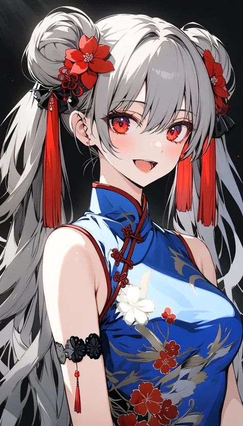 1girl, solo, sexy girl, long hair, looking at viewer, smile, open mouth, hair ornament, hair between eyes, bare shoulders, twintails, medium breasts, cowboy shot, grey hair, hair ribbon, sidelocks, :d, detached sleeves, hair flower, hair bun, sleeveless dr...