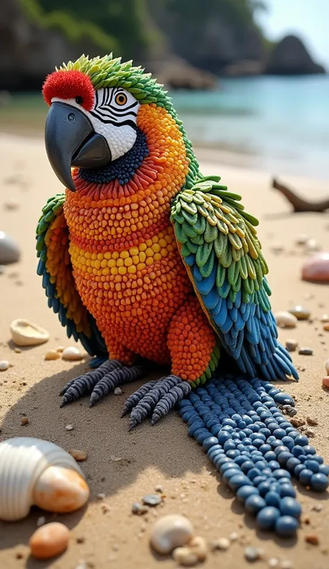 A realistic artwork of a parrot crafted entirely from small, colorful pebbles, carefully arranged on a sandy beach. The pebbles vary in size, shape, and color, creating intricate details for the parrot’s feathers, beak, and eyes. The background shows a nat...