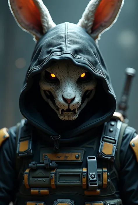 a close up of a rabbit with a human body and a helmet, 8k highly detailed ❤🔥 🔥 💀 🤖 🚀, Dark digital art, more detailed , Profile photo, hooded skull, Profile photo 1024px, ( ( ( Skeleton ) ) ), in a threatening manner. Unreal 5,  Special Operations Head wit...