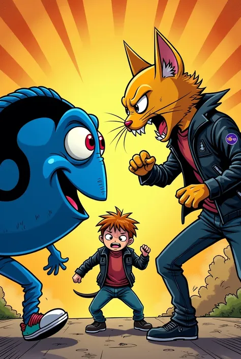  the Nemo fish together with his friend yellow kitten, very angry and wearing leather jackets, Beating a boy, comic style