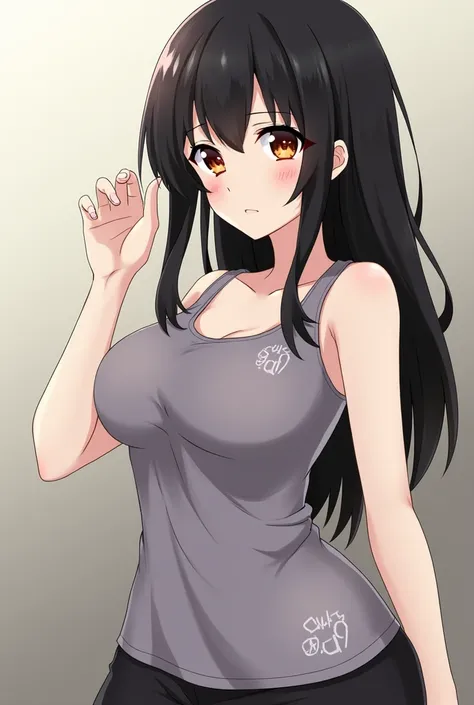 An anime girl with long black hair with orange eyes and medium sized bosom, wearing a form fitting singlet with small white logo on the left side of the singlet. The singlet contains a side label on the right side.