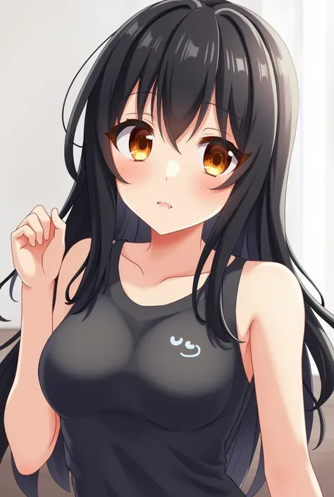 An anime girl with long black hair with orange eyes and medium sized bosom, wearing a form fitting singlet with small white logo on the left side of the singlet. The singlet contains a side label on the right side.