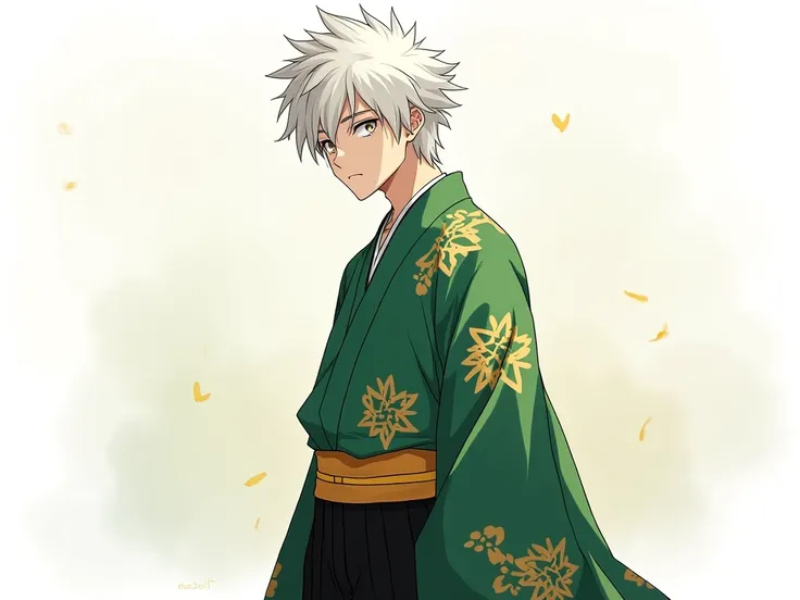 Anime guy in a green kimono with a gold pattern with black pants and a gold belt hair white under the kimono black clothes right r