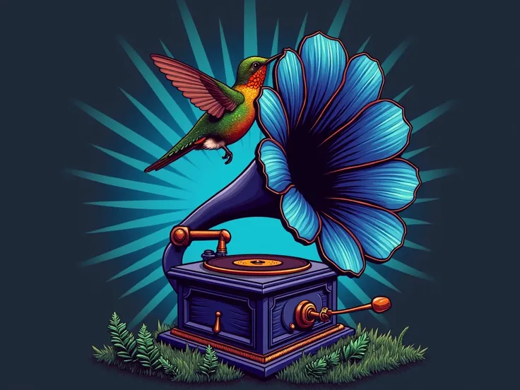 A vibrant hummingbird perched atop a stylized, dark-blue flower-shaped gramophone.  The flowers petals radiate outward, creating a sunburst effect, and the gramophones dark-blue, intricate design is prominent.  The background is a deep, dark gray, with rad...