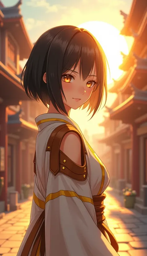 A girl with short black hair and golden eyes stands on the street of an ancient city, her back to us, wearing white with yellow borders and brown shoulder pads. The sun shines brightly in front of her, creating beautiful light effects. Anime style, detaile...