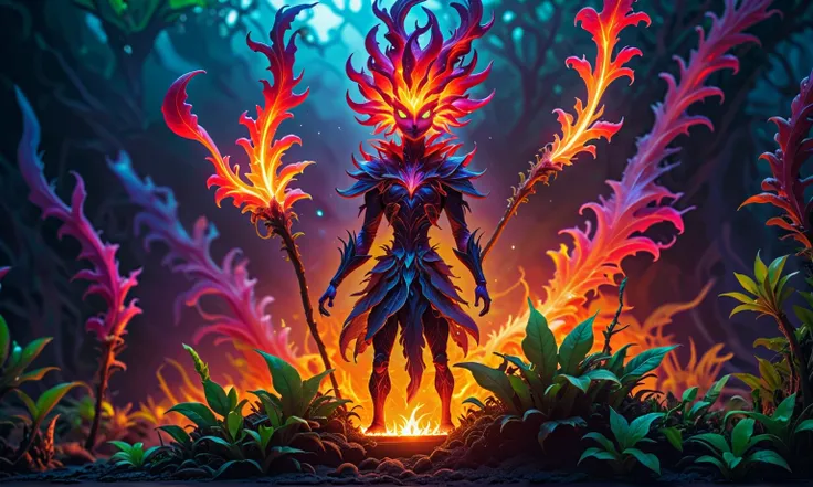 (best quality,4k,highres,masterpiece:1.2),ultra-detailed,realistic,portrait,alien,fire magic plant,unbelievable eyes,fantasy creature,glowing colors,luminous plant,extraterrestrial,flame-like leaves,surreal landscape,eerie atmosphere,otherworldly beauty,et...