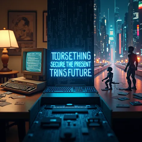 Create a single image with three eras of technology flowing together. On the left, a vintage computer with punch cards and floppy disks, set in a sepia-toned retro style. In the center, a modern computer displaying digital code flowing across the screen, w...