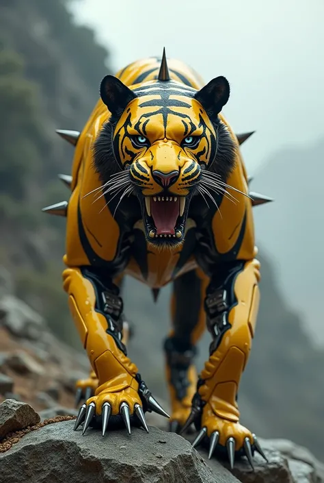 A Quality 4k picture of Robotic Tiger,The Robotic tigers body should be  whole metal body,The Robitc tigers body colour combination must be Shinny yellow and mat black traces on it,Tiger must be standing on a Rocky mountain,High resolution,Good quality res...