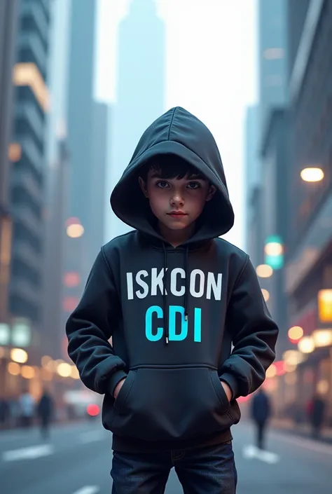 Create a image in futuristic, a boy standing on road wearing a hoodie, and  " Isckon Cdi" written on hoodie,  ratio 16:9