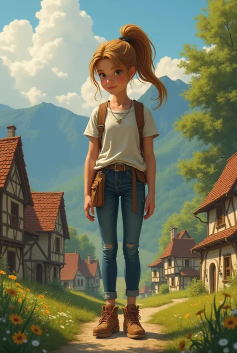 Leonies giant world she is beautiful medium ponytail friendly smile Leonie is a giantess whole 20 meters tall Fantasy in a small village the village looks tiny for the girl from her perspective standing next to her is her little brother Jonas he is Mädchen...