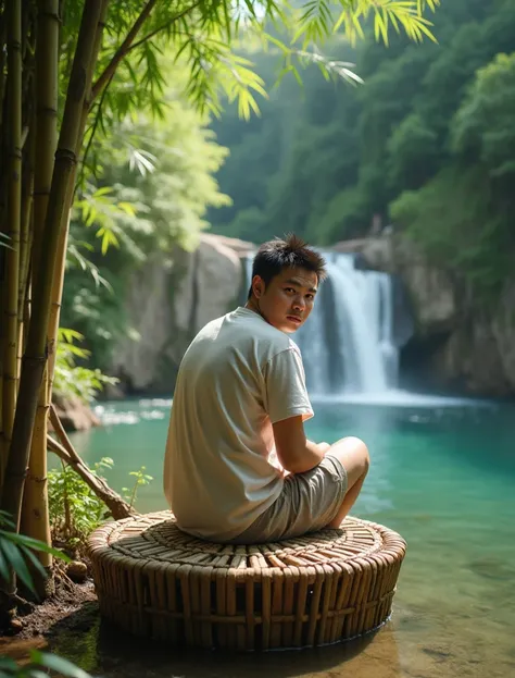 Photography of a 25 year old handsome Asian man with round face and fat body, very short black hair, wear a dull white t-shirt. Man is sitting in a bamboo woven toilet above a clear river , there are rocks ,  man sees part of his body blocked by bamboo web...