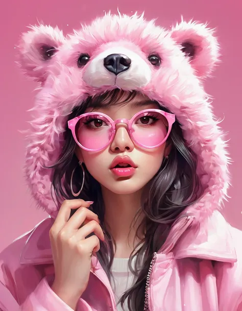  A close up of a person wearing a bear hat and soft pink round glasses wears his index fingers next to his mouth,  she puts her lips as if she were going to kiss ,  on her fingers she wears rings she wears a furry pink coat , earrings with little bears ,  ...