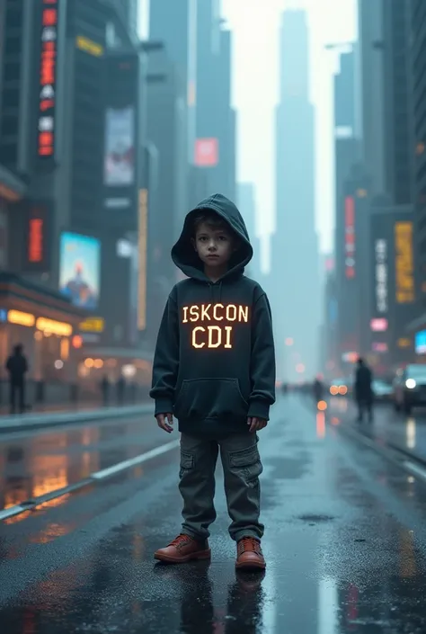 Create a image in futuristic, a boy standing on road wearing a hoodie, and  " Isckon Cdi" written on pixel font on hoodie,  ratio 16:9