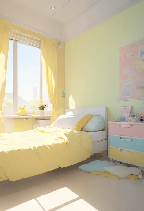 background, pastel yellow , plush,room,noon,fine, bed,desk,Poster