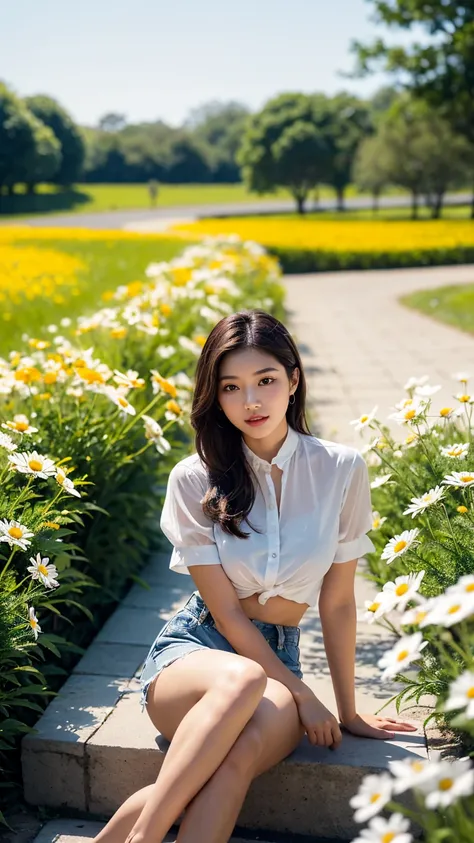 "An East Asian woman standing in a vast daisy field filled with blooming (((colour full))) daisies under a soft, sunny sky. She is wearing high-waisted denim shorts that extend slightly above the knees and a collared, loose-fitting shirt with button detail...