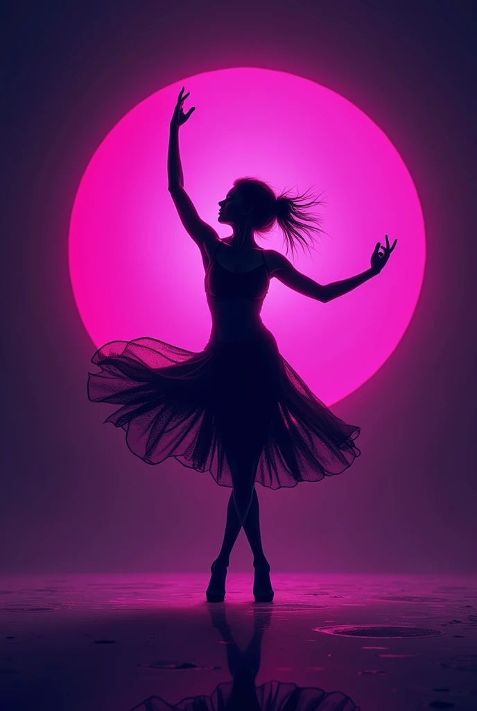 Silhouette logo of a girl dancing in shades of purple and neon pink
