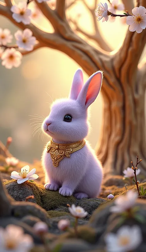  imaginary　Gold Tree 　White Cherry Blossoms　 wearing gold ornaments　The light purple body hair is cute　Rabbit