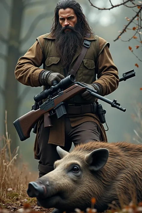 Create a profile picture, Where there is a hunter with a 762 rifle wielding both hands in a guard position ,  the rifle has a scope and a flashlight .  The hunter is standing . Wearing hunting clothes with long sleeves ,  he has a muscular physical size da...